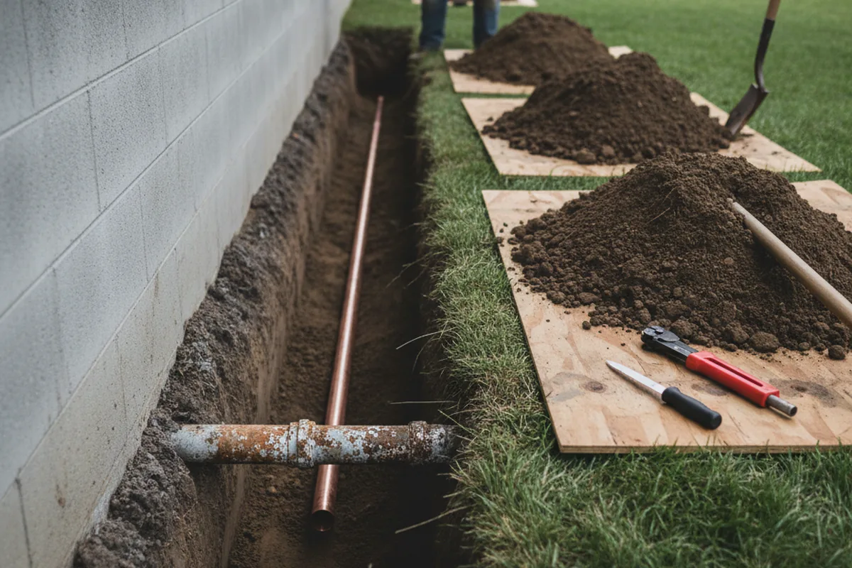 Excavated water line trench during Water Heater Repair in Prosperity